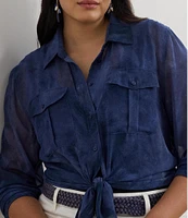 Lauren Ralph Lauren Plus Size Sheer Chiffon Cerulean Print Point Collar Long Sleeve Shirt