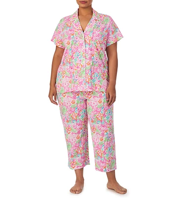 Lauren Ralph Lauren Plus Size Short Sleeve Notch Collar Knit Floral Capri Pajama Set