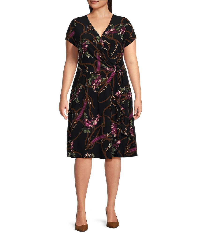 Lauren Ralph Lauren Plus Size Short Sleeve V-neck Tie Waist Printed Dress