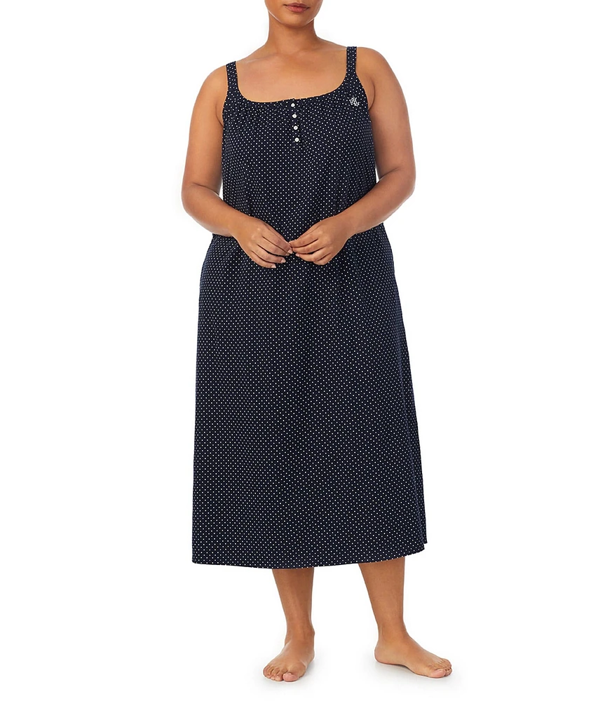 Lauren Ralph Lauren Plus Size Sleeveless Double Strap Long Knit Dotted Nightgown