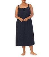 Lauren Ralph Lauren Plus Size Sleeveless Double Strap Long Knit Dotted Nightgown