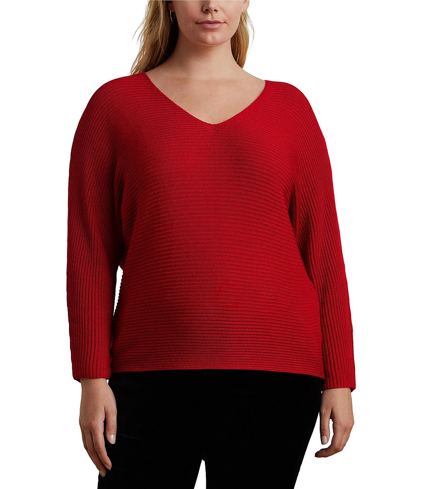 Lauren Ralph Lauren Plus Size Soft Cotton-Blend Rib Knit V-Neck Long Dolman Sleeve Sweater