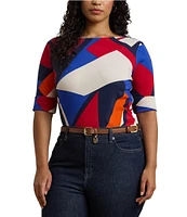 Lauren Ralph Lauren Plus Size Stretch Cotton Abstract Print Boat Neck Elbow Length Sleeve Tee Top