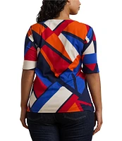 Lauren Ralph Lauren Plus Size Stretch Cotton Abstract Print Boat Neck Elbow Length Sleeve Tee Top