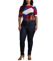 Lauren Ralph Lauren Plus Size Stretch Cotton Abstract Print Boat Neck Elbow Length Sleeve Tee Top