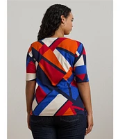 Lauren Ralph Lauren Plus Size Stretch Cotton Abstract Print Boat Neck Elbow Length Sleeve Tee Top