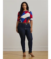 Lauren Ralph Lauren Plus Size Stretch Cotton Abstract Print Boat Neck Elbow Length Sleeve Tee Top