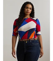 Lauren Ralph Lauren Plus Size Stretch Cotton Abstract Print Boat Neck Elbow Length Sleeve Tee Top