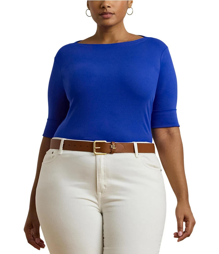 Lauren Ralph Lauren Plus Size Stretch Cotton Boat Neck Elbow Length Sleeve Top