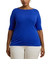 Lauren Ralph Lauren Plus Size Stretch Cotton Boat Neck Elbow Length Sleeve Top