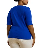 Lauren Ralph Lauren Plus Size Stretch Cotton Boat Neck Elbow Length Sleeve Top