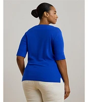 Lauren Ralph Lauren Plus Size Stretch Cotton Boat Neck Elbow Length Sleeve Top