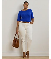 Lauren Ralph Lauren Plus Size Stretch Cotton Boat Neck Elbow Length Sleeve Top