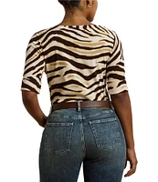 Lauren Ralph Lauren Plus Size Stretch Cotton Zebra Boat Neck Elbow Sleeve Tee