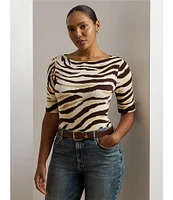Lauren Ralph Lauren Plus Size Stretch Cotton Zebra Boat Neck Elbow Sleeve Tee