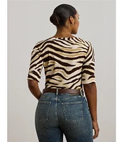 Lauren Ralph Lauren Plus Size Stretch Cotton Zebra Boat Neck Elbow Sleeve Tee