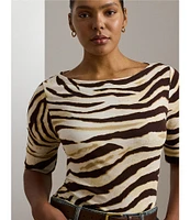 Lauren Ralph Lauren Plus Size Stretch Cotton Zebra Boat Neck Elbow Sleeve Tee