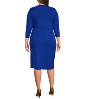 Lauren Ralph Lauren Plus Size Stretch Jersey Crew Neck 3/4 Sleeve Twist Front Sheath Dress