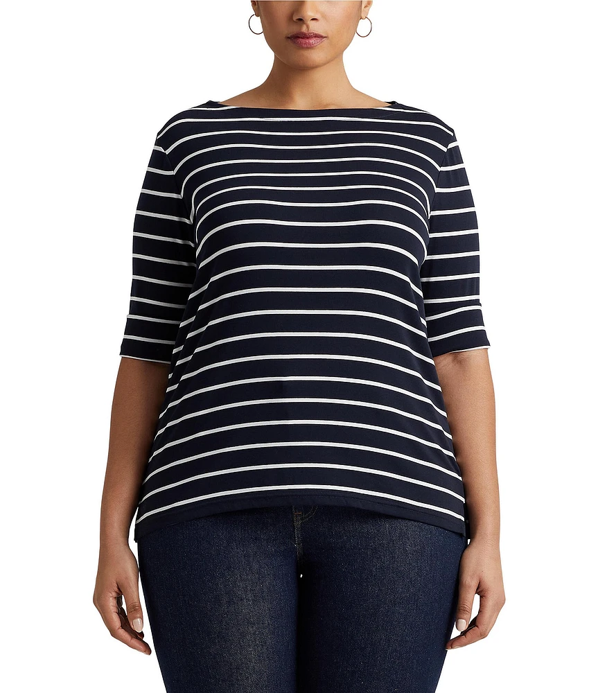 Lauren Ralph Lauren Plus Size Stripe Boat Neck Short Sleeve T-Shirt