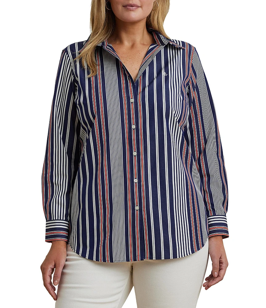 Lauren Ralph Lauren Plus Size Stripe Point Collar Long Sleeve Button-Front Broadcloth Shirt