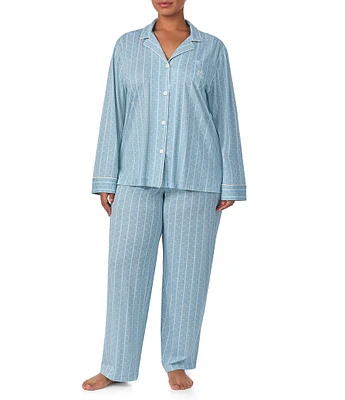 Lauren Ralph Lauren Plus Size Stripe Print Long Sleeve Notch Collar Long Pant Knit Pajama Set