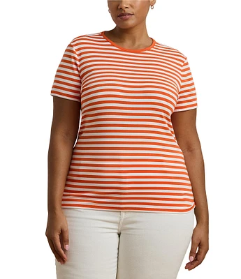 Lauren Ralph Lauren Plus Size Stripe Ribbed Crew Neck Short Sleeve T-Shirt