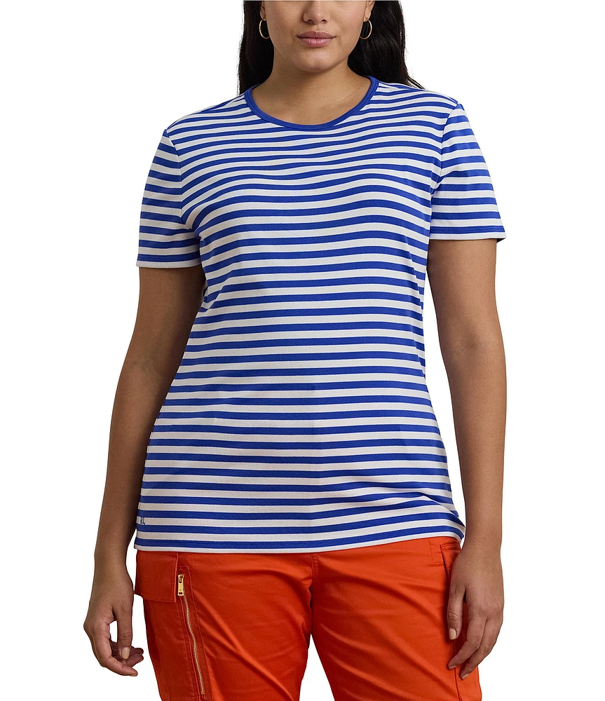 Lauren Ralph Lauren Plus Size Stripe Ribbed Crew Neck Short Sleeve T-Shirt