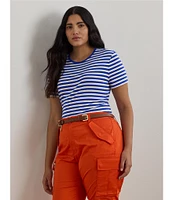 Lauren Ralph Lauren Plus Size Stripe Ribbed Crew Neck Short Sleeve T-Shirt