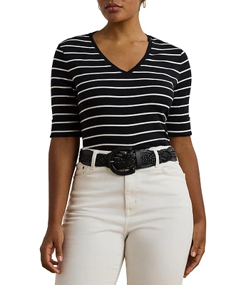 Lauren Ralph Lauren Plus Size Stripe Stretch Cotton V-Neck Elbow Sleeve Tee