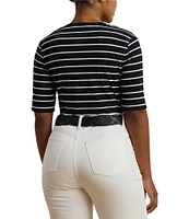 Lauren Ralph Lauren Plus Size Stripe Stretch Cotton V-Neck Elbow Sleeve Tee