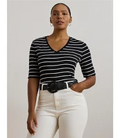 Lauren Ralph Lauren Plus Size Stripe Stretch Cotton V-Neck Elbow Sleeve Tee