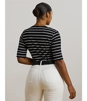 Lauren Ralph Lauren Plus Size Stripe Stretch Cotton V-Neck Elbow Sleeve Tee
