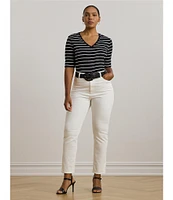 Lauren Ralph Lauren Plus Size Stripe Stretch Cotton V-Neck Elbow Sleeve Tee