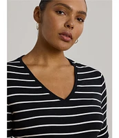 Lauren Ralph Lauren Plus Size Stripe Stretch Cotton V-Neck Elbow Sleeve Tee
