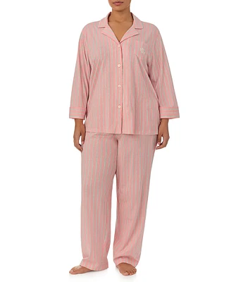 Lauren Ralph Lauren Plus Size Striped 3/4 Sleeve Notch Collar Pajama Set