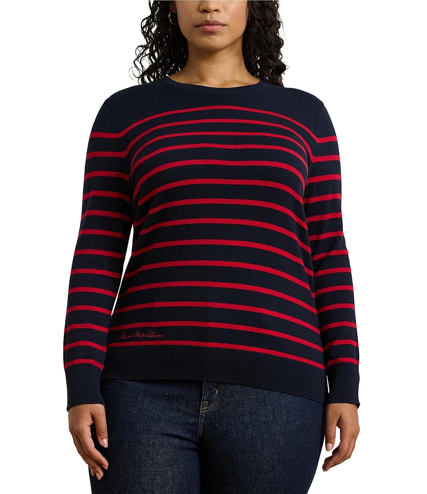 Lauren Ralph Lauren Plus Size Striped Cotton-Blend Crew Neck Long Sleeve Sweater