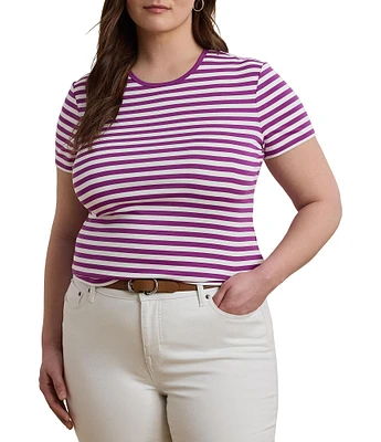 Lauren Ralph Lauren Plus Size Striped Stretch Ribbed Crew Neck Short Sleeve T-Shirt
