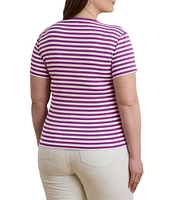 Lauren Ralph Lauren Plus Size Striped Stretch Ribbed Crew Neck Short Sleeve T-Shirt