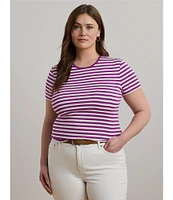 Lauren Ralph Lauren Plus Size Striped Stretch Ribbed Crew Neck Short Sleeve T-Shirt