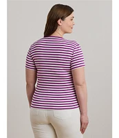 Lauren Ralph Lauren Plus Size Striped Stretch Ribbed Crew Neck Short Sleeve T-Shirt