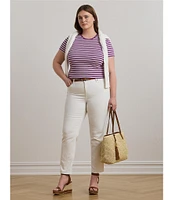 Lauren Ralph Lauren Plus Size Striped Stretch Ribbed Crew Neck Short Sleeve T-Shirt