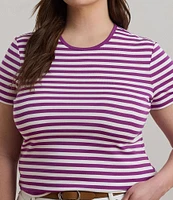 Lauren Ralph Lauren Plus Size Striped Stretch Ribbed Crew Neck Short Sleeve T-Shirt