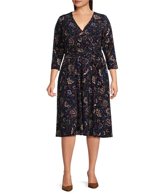 Lauren Ralph Lauren Plus Size Surplice V-Neck 3/4 Sleeve Belted Stretch Jersey Midi Dress