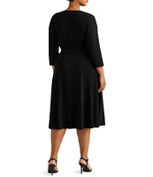 Lauren Ralph Lauren Plus Size Surplice V-Neck 3/4 Sleeve Matte Jersey A-Line Midi Dress