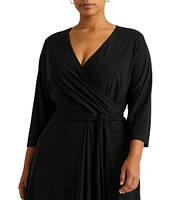 Lauren Ralph Lauren Plus Size Surplice V-Neck 3/4 Sleeve Matte Jersey A-Line Midi Dress