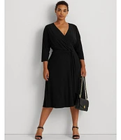 Lauren Ralph Lauren Plus Size Surplice V-Neck 3/4 Sleeve Matte Jersey A-Line Midi Dress