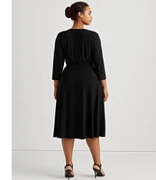 Lauren Ralph Lauren Plus Size Surplice V-Neck 3/4 Sleeve Matte Jersey A-Line Midi Dress