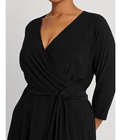 Lauren Ralph Lauren Plus Size Surplice V-Neck 3/4 Sleeve Matte Jersey A-Line Midi Dress