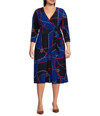 Lauren Ralph Lauren Plus Size Surplice V Neck 3/4 Sleeve Tie Sash Belt Stretch Jersey A Line Midi Dress