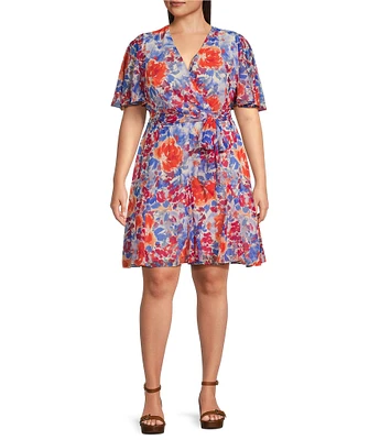 Lauren Ralph Lauren Plus Size Floral Print Surplice V-Neck Flutter Sleeve Belted Fit and Flare Dress